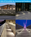 3CCT Dimmable LED Stair Lights for Indoor Outdoor Use 120-277V, showcased lighting up various outdoor staircases and pathways
