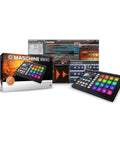Mikro MK2 Groove Production Studio Controller With Multicolor Pads For Easy Beat Making And Live Jams, Browse Load Tweak And Automate All Sampler And Effect Params, Route And Sequence External Gear On The Go. Box, software screen, and controller with RGB pads
