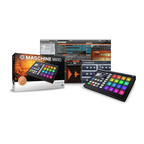 Mikro MK2 Groove Production Studio Controller With Multicolor Pads For Easy Beat Making And Live Jams, Browse Load Tweak And Automate All Sampler And Effect Params, Route And Sequence External Gear On The Go. Box, software screen, and controller with RGB pads