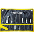 Front view of LockNLube 8-Piece Quick-Connect Greasing Accessory Kit in yellow-trim rip-stop case with metal fittings.