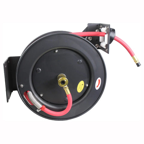 Auto Rewind Retractable Air Hose Reel With Twenty Five Feet Of Three Eighths Inch Hose And Brass Fittings In Black And Red