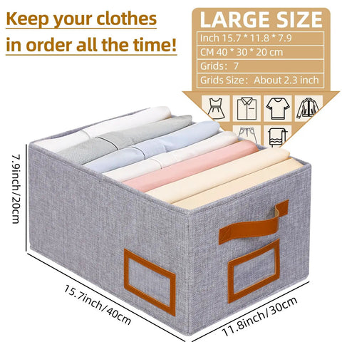 Foldable Wardrobe Organizer With 7 Large Grids For Clothes Jeans Sweaters And Tees 3 Pack Fabric Storage Bins Space Saving Grab And Go 15.7 x 11.8 x 7.9 Inch Gray Closet Boxes For Easy Tidying And Quick Access showing clothes organized inside.