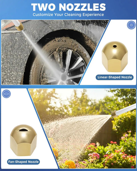 Demonstration of All In One High Pressure Hose Nozzle Kit with two nozzles, quick connectors, used for car and garden cleaning.