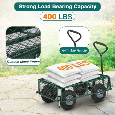 Heavy Duty Garden Cart With 500 Lbs Capacity, Utility Wagon With Removable Sides And 180 Degree Rotating Handle For Yard, Lawn And Garden Hauler, Green