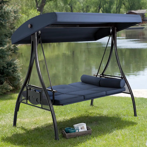 Three Seat Outdoor Porch Swing With Upgraded One And A Half Inch Cup Holder Comfy Adjustable Canopy And Backrest Cushions Weatherproof Steel Frame For Garden Deck Or Poolside Blue