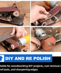 No Sweat Electric Mini Belt Sander And Knife Sharpener demonstrating versatility in metal and wood projects with various sanding belts.