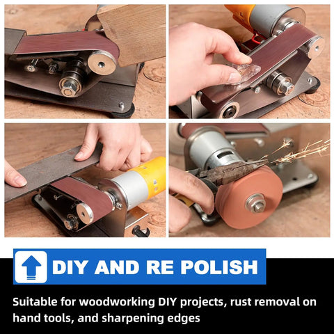 No Sweat Electric Mini Belt Sander And Knife Sharpener demonstrating versatility in metal and wood projects with various sanding belts.