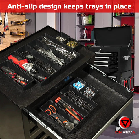 Six Piece Tool Box Organizer Tray Set Pro Grade With Non Slip Dividers for organizing tools in chest drawers