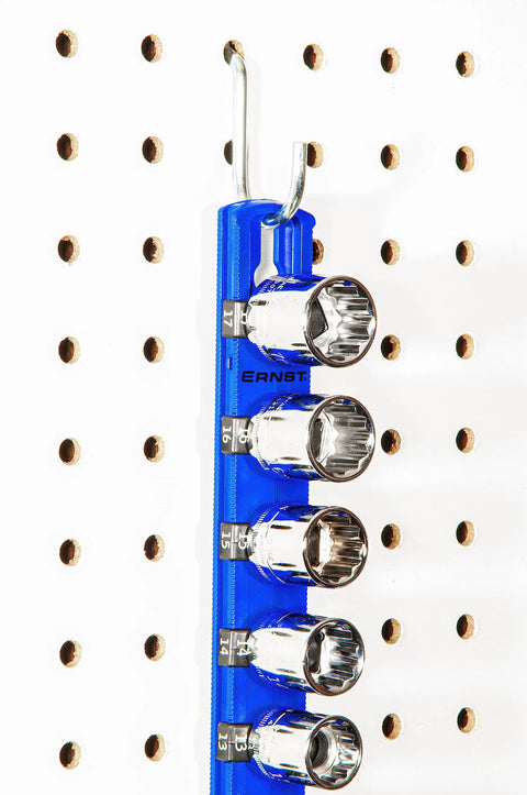 Eight Inch Socket Organizer With Nine And A Quarter Inch Twist Lock Clips For Standard And Metric Sockets Red Finish Keeps Your Tools Upright In Your Toolbox Drawers A Real Time Saver For Quick Finds And Easy Grab And Go displayed vertically on a pegboard