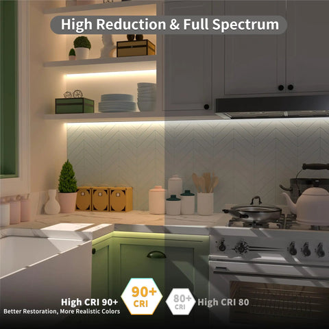Ultra Bright 16.4ft COB LED Strip Light With 2520 LEDs 4000K Natural White in kitchen, showing high CRI color rendering