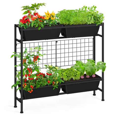 32 Inch Tall Elevated Raised Garden Bed With Trellis And Sturdy Legs For Vertical Outdoor Gardening Of Vegetables Herbs And Flowers In Four Separate Planter Boxes For Balcony Patio Or Backyard Black