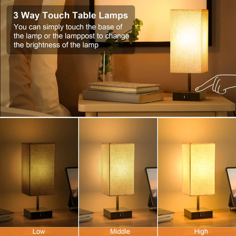 Beige Bedside Table Lamp With USB C And USB A Ports 3 Way Dimmable Touch Control LED Bulbs Included Flicker Free Eye Friendly Nightstand Light For Bedroom Living Room Office, showing dimmable settings: low, middle, high.