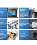 Semi Automatic PLC Corner Labeler Machine With Touch Screen Control For 25To30mm Boxes showing PLC control, high-quality worktop, and labeling wheel details.