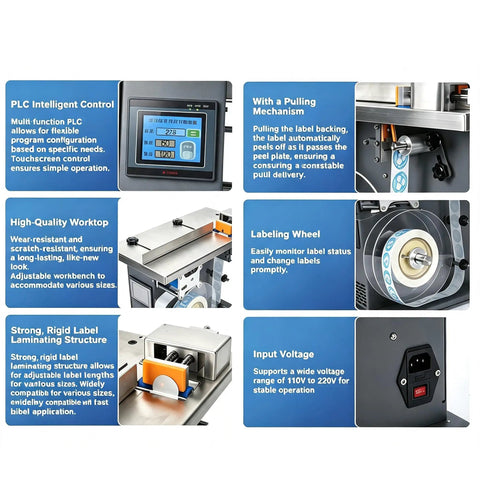 Semi Automatic PLC Corner Labeler Machine With Touch Screen Control For 25To30mm Boxes showing PLC control, high-quality worktop, and labeling wheel details.