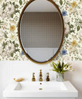 Vintage Floral Peel And Stick Wallpaper For Walls And Cabinets Removable Vinyl Peonies in bathroom with white sink and mirror