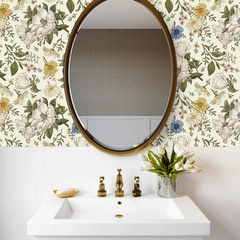 Vintage Floral Peel And Stick Wallpaper For Walls And Cabinets Removable Vinyl Peonies in bathroom with white sink and mirror