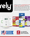 Rely branded smoke and carbon monoxide detectors with packaging, emphasizing home safety and U.S. standards compliance.
