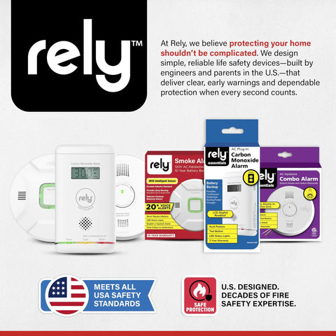 Rely branded smoke and carbon monoxide detectors with packaging, emphasizing home safety and U.S. standards compliance.