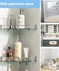 Two Tier Tempered Glass Corner Shower Shelves With Extra Hangers Rustproof Aluminum Bath Organizer for inside shower with bottles.