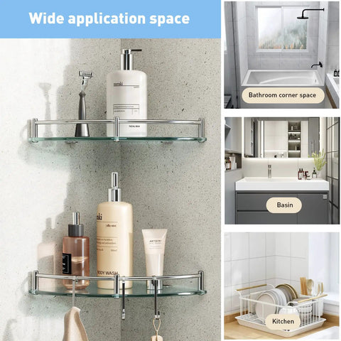 Two Tier Tempered Glass Corner Shower Shelves With Extra Hangers Rustproof Aluminum Bath Organizer for inside shower with bottles.