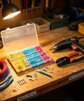 Top Tier 180 Piece Heavy Duty Heat Shrink Wire Connector Kit With Waterproof Marine Grade displayed on a workbench with tools.