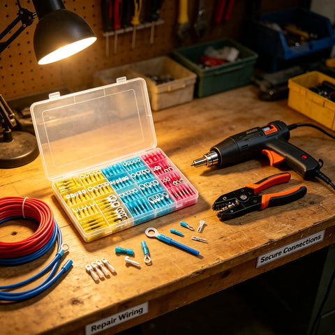Top Tier 180 Piece Heavy Duty Heat Shrink Wire Connector Kit With Waterproof Marine Grade displayed on a workbench with tools.