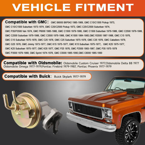 Mechanical Fuel Pump With Spring Plug And Play Direct Fit For Classic GM Cars, shown next to a classic GMC truck