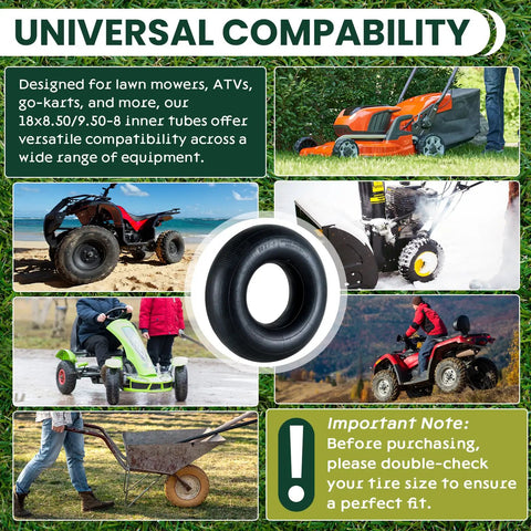 Infographic showing Two Pack Heavy Duty Inner Tubes For 18x6.50-8 Through 20x10-8 With TR13 Straight Valve Stem Universal Fit Tire Tubes