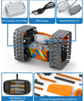 Five In One STEM Remote Control Building Kit With 392 Pieces For Kids Ages 6 12 showing tank components and charging cable