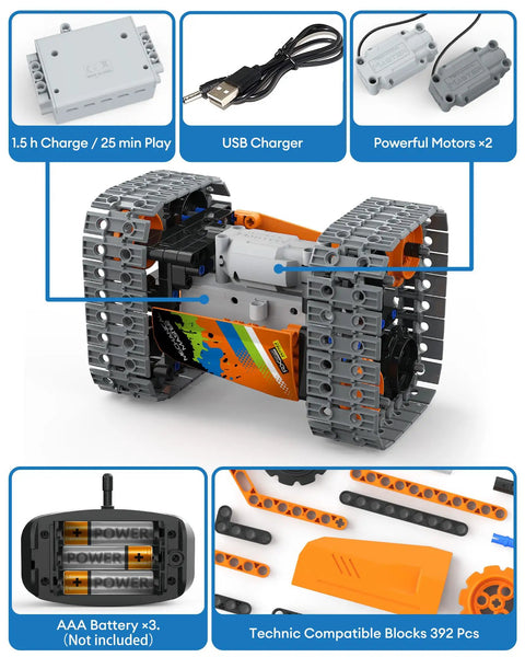 Five In One STEM Remote Control Building Kit With 392 Pieces For Kids Ages 6 12 showing tank components and charging cable