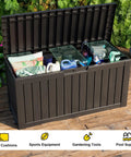 Outdoor Resin Storage Deck Box 85 Gallon open with cushions, tools, and floats, patio porch furniture storage bench, UV resistant