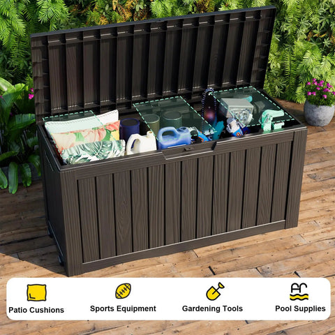 Outdoor Resin Storage Deck Box 85 Gallon open with cushions, tools, and floats, patio porch furniture storage bench, UV resistant