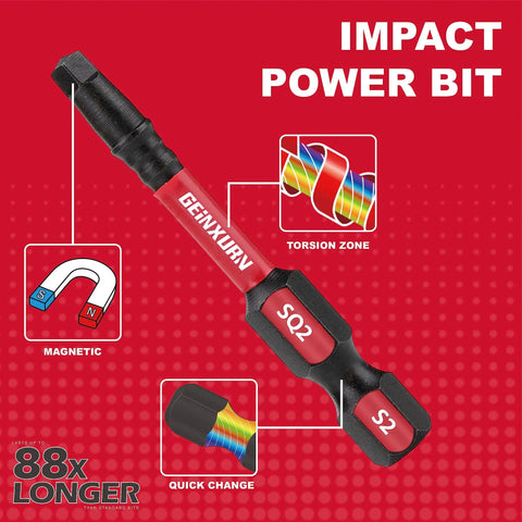 Sick 10 Pack S2 Steel Impact Driver Bit Set With 6 Inch Long Bits For Heavy Duty Drilling And Fastening Work, Comes In Handy Storage Tray With Phillips Torx Square And Hex Head Bits To Keep Your Garage Organized Today. red S2 impact driver bit with magnetic tip and torsion zone