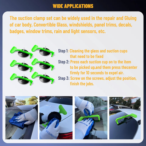 Heavy Duty Suction Cup Clamp Set For Car Convertibles And Windshields, instructions and usage examples displayed
