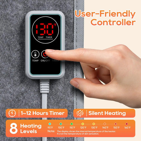 Close-up of hand using controller on Under Desk Foot Warmer With 12 Hour Timer 8 Heat Levels Foldable Portable Space Heater for Legs and Feet.