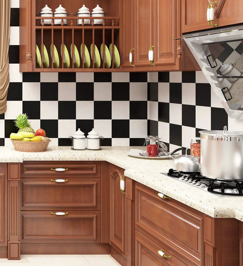 Kitchen backsplash with Self Adhesive Checkered Black And White Vinyl Floor Covering Roll 15.8 By 394 Inch Peel And Stick
