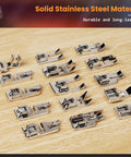 42-piece stainless steel sewing machine presser feet set for low-shank machines, laid on a wooden surface