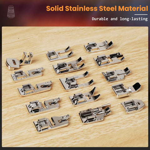 42-piece stainless steel sewing machine presser feet set for low-shank machines, laid on a wooden surface