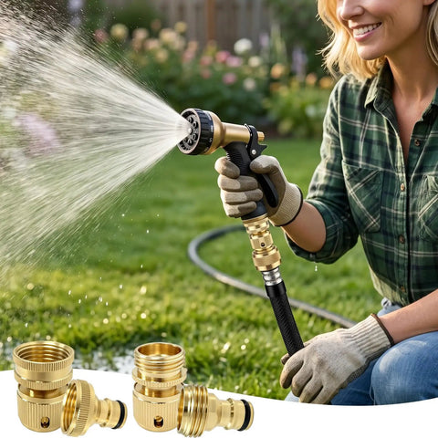 Premium Brass Garden Hose Quick Connectors 3/4 Inch GHT Repair Kit With Male Female Couplers And Washers To Fix Leaky Hoses Fast Without Tools Perfect For Yards And Sprinklers, brass hose spray setup