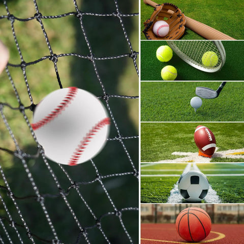 Collage of various sports equipment including baseball, tennis, golf, football, soccer, and basketball