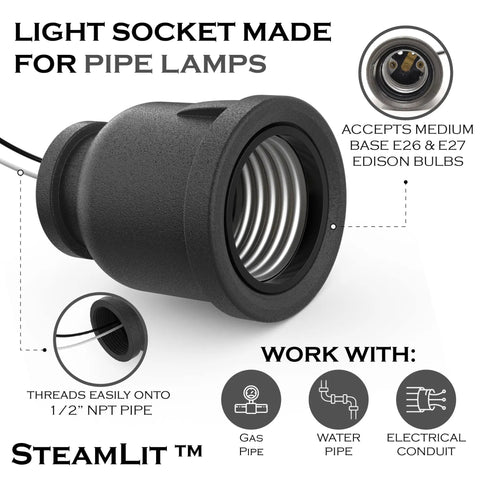Pipe Lamp Socket For Half Inch NPT Pipe In Black Or Galvanized Finish with Edison E26 E27 Bulb Base for Steampunk Style