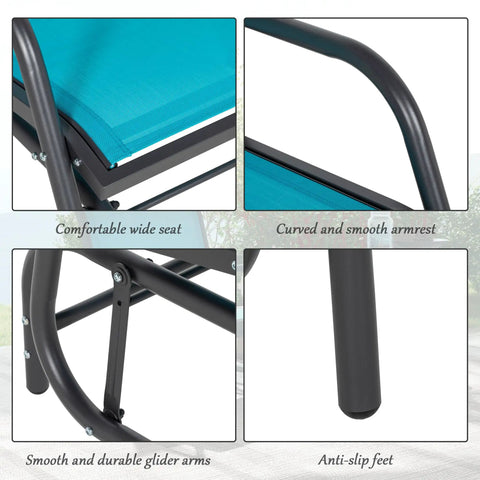 Close-up of features on set of 2 porch glider chairs with metal frame breathable mesh curved armrests high back for a smooth chill glide