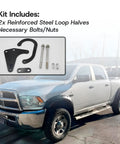 Dodge Ram Front Driveshaft Loop Protection Kit Bolt On For 2003 To 2013 Ram 2500 And 2003 To 2012 Ram 3500 Steel Secondary Damage Prevention Collar With No Drill Hardware components next to a Dodge Ram truck outdoors.