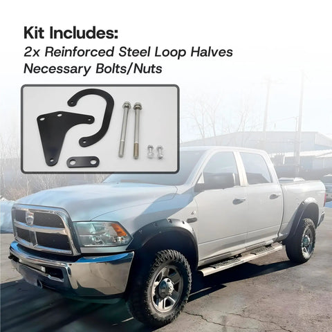 Dodge Ram Front Driveshaft Loop Protection Kit Bolt On For 2003 To 2013 Ram 2500 And 2003 To 2012 Ram 3500 Steel Secondary Damage Prevention Collar With No Drill Hardware components next to a Dodge Ram truck outdoors.