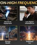Image showing benefits of 60 Amp Plasma Cutter With Non High Frequency Pilot Arc For Pro Grade Real Smooth Cuts Up To Three Quarters Inch Digital Display DC Inverter Dual Voltage 110 Or 220 Volts, highlighting electrical safety, low interference, human health protection, and stabilized arc.