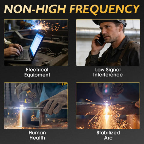 Image showing benefits of 60 Amp Plasma Cutter With Non High Frequency Pilot Arc For Pro Grade Real Smooth Cuts Up To Three Quarters Inch Digital Display DC Inverter Dual Voltage 110 Or 220 Volts, highlighting electrical safety, low interference, human health protection, and stabilized arc.