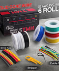 Solid 22 Gauge Hookup Wire Kit With Six Color Cables, 25 Feet Each, Tinned Copper Core, PVC Insulation, 300V