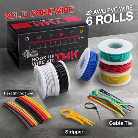 Solid 22 Gauge Hookup Wire Kit With Six Color Cables, 25 Feet Each, Tinned Copper Core, PVC Insulation, 300V