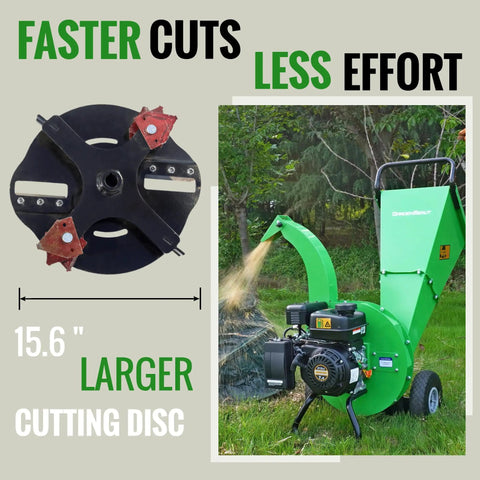 Beast Mode Gas Powered Wood Chipper Shredder Mulcher With 20 To 1 Reduction Ratio showing 15.6 inch rotor and yard use