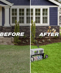 18-Inch Push Spike Lawn Aerator with Pro Grade Heavy Duty Rolling Design before and after lawn results showing enhanced grass, rotary aerator visible